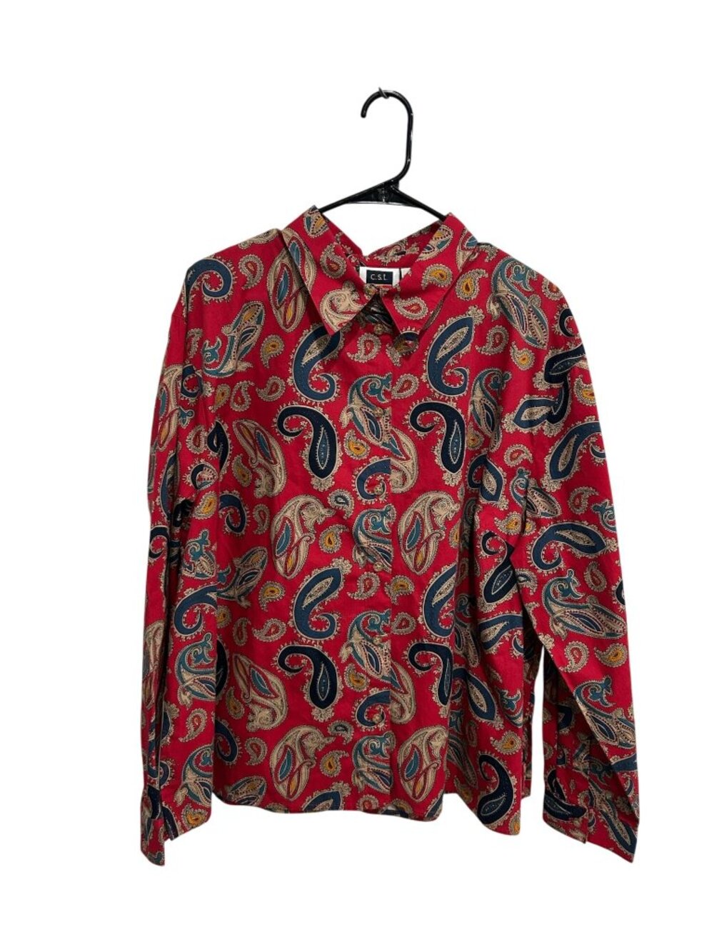 C.S.T. Sport 22W Red Paisley Cotton Long Sleeve Button Up Shirt Preppy Boho Chic